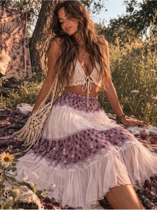 None Dresses & Skirts - Purple Tulle Maxi Skirt Tiered Lace Trim Fairy Festival Photoshoot Skirt